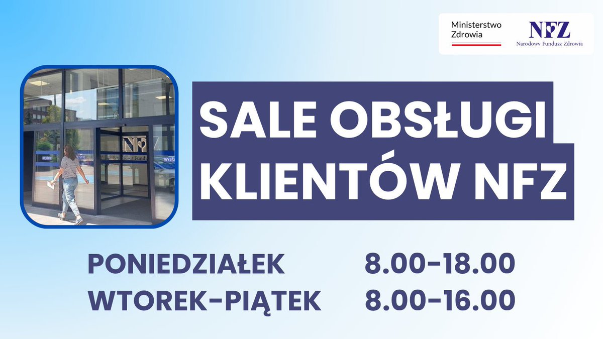NFZ_Bydgoszcz's tweet photo. Już za chwilę zaczynamy👉masz sprawę do #NFZ⤵️
#profilaktyka #Uzdrowiska #BMI #DietyNFZ
A może wyjeżdżasz na wakacje i potrzebujesz #EKUZ..
Zapraszamy do Sal Obsługi Klientów #KujawskoPomorskiNFZ
🔹#Bydgoszcz Łomżyńska 33
🔹#Toruń Szosa Chełmińska 30
🔹#Włocławek Kilińskiego 16 https://t.co/PrATDTzDyJ
