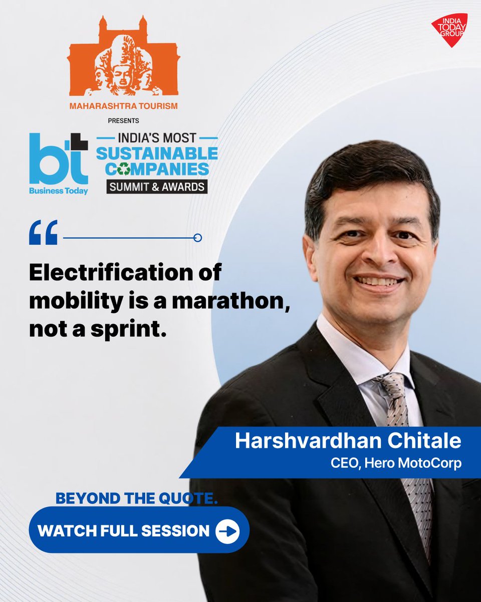 business_today's tweet photo. ♻️ #BTIndiasMostSustainableCompanies Summit 2026 | Harshvardhan Chitale, CEO, @HeroMotoCorp

The road to electric mobility is a long-term play. 

At @business_today's marquee event, Hero MotoCorp CEO Harshvardhan Chitale shared a realistic yet optimistic outlook on the #EV transition. True #sustainability in the #auto sector requires strategic endurance, exploring multiple pathways like flex-fuels alongside #EVs, and ensuring that green alternatives make economic sense for the average consumer. 

It’s not just about speed; it’s about building a resilient, future-proof ecosystem. 

Catch the full, insightful discussion: https://t.co/hMQwka6gXG

#BusinessToday #ElectricVehicles #EVMobility #HeroMotoCorp #SustainableTransport 
#AutoIndustry #GreenMobility #Innovation