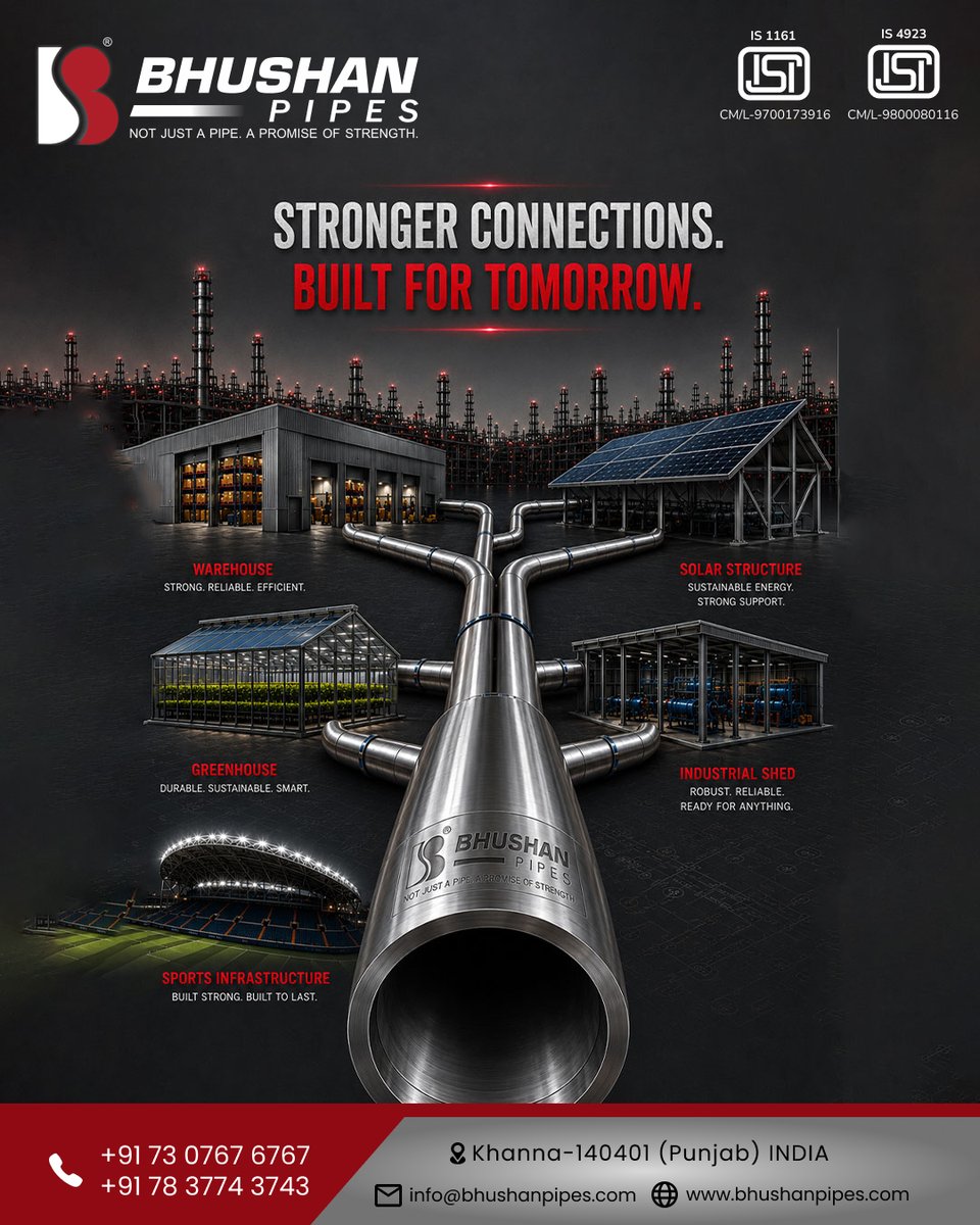bhushanpipe's tweet photo. Strength that connects. Quality that lasts.
Built with precision. Trusted by professionals. Engineered for tomorrow.
📞 +91 73076 76767 | +91 78377 43743
 🌐 https://t.co/PAeJSl2Rl6
#BhushanPipes #ERWPipes #HollowSections #Construction #Infrastructure #IndustrialSolutions https://t.co/yrCjaiueqn
