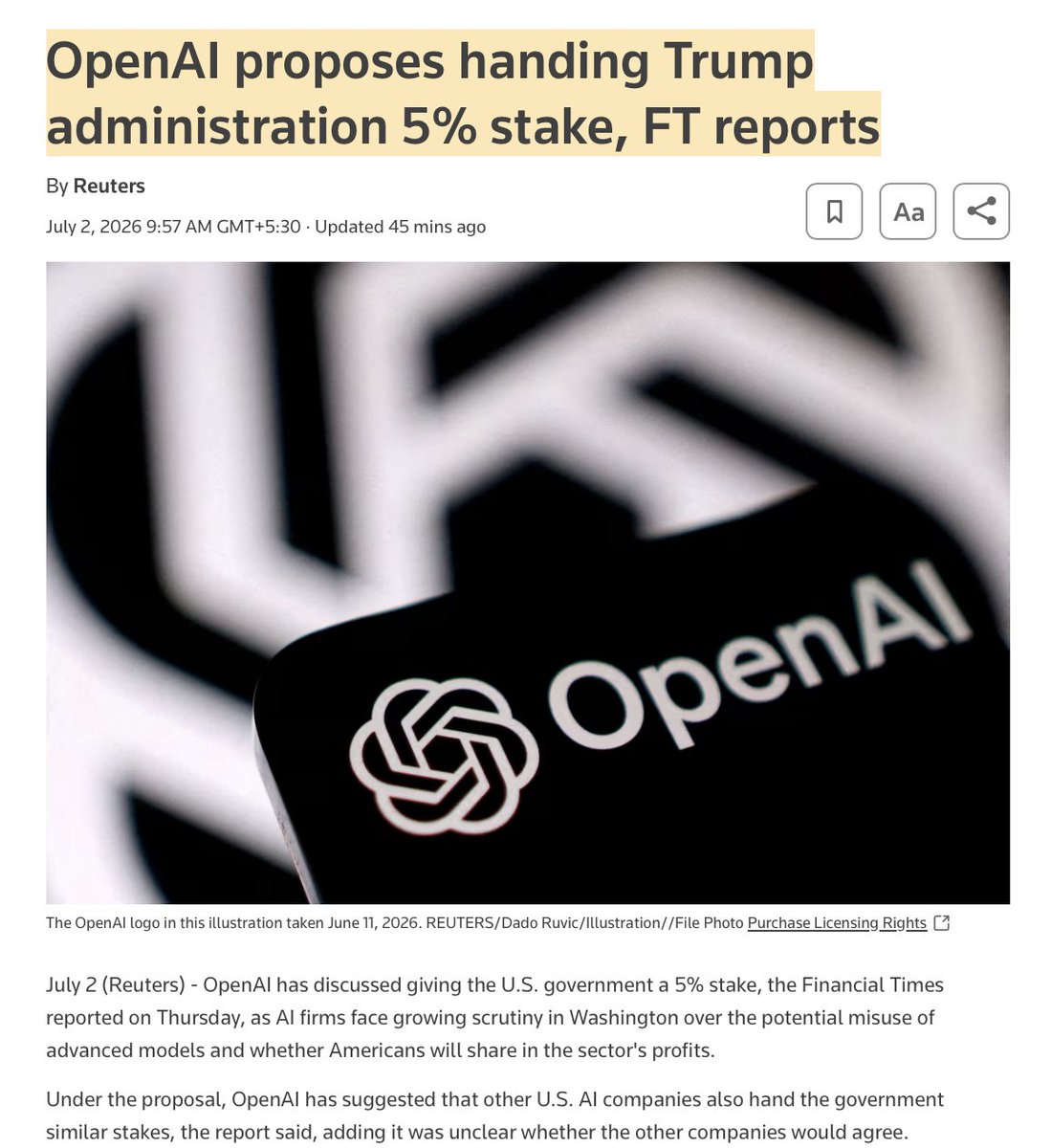 Crypto_Jargon's tweet photo. 🚨 OpenAI just proposed handing the US government a 5% stake in the company.

Sam Altman is framing it as generosity. The math tells a different story.

Here's what's actually happening 🧵 https://t.co/lYQ5yFFafI