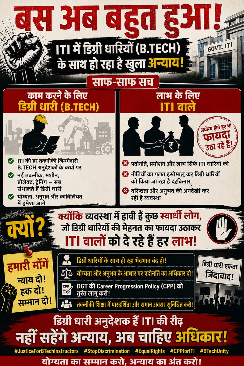 ravindrame079's tweet photo. व्यावसायिक शिक्षा कौशल विकास विभाग में
(B.E./B.Tech) के आधार पर iti संवर्गों में पदोन्नति का विशेष कोटा लागू करना समय की मांग है। शासन इस विषय पर सहानुभूतिपूर्वक विचार कर नियमों में आवश्यक संशोधन करे।
#ImplementDGTRULE
@CMOfficeUP @dr_hariom_ias 
@KapilDevBjp 
@ChiefSecyUP https://t.co/kHgWhpLCXV