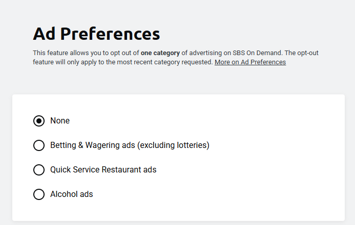maximumwelfare's tweet photo. 🚨 Apparently only 0.2% of users have utilised @SBSOnDemand's system to opt-out of gambling ads during the World Cup and I am someone who just learned it is indeed right there in your account settings: https://t.co/eXdmVGW0qq