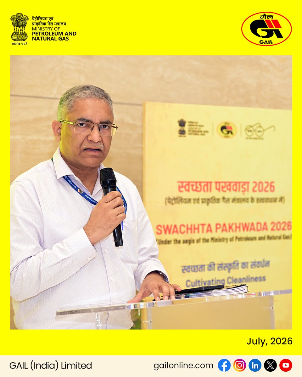 gailindia's tweet photo. Under the aegis of the Ministry of Petroleum & Natural Gas (MoP&NG), Swachhta Pakhwada 2026 is being observed from 1st to 15th July 2026 across GAIL, reaffirming the organisation’s commitment to cleanliness, sustainability, and responsible citizenship.

Marking the commencement of the fortnight-long observance, the Swachhta Pledge was administered at GAIL��s Corporate Office as well as at various site offices across the country, reflecting a unified resolve to build cleaner workplaces, stronger communities, and a cleaner India.

At GAIL Corporate Office, New Delhi, the Swachhta Pledge was administered by Shri Deepak Gupta, Chairman & Managing Director, GAIL, in Hindi and by Shri Ayush Gupta, Director (Human Resources), GAIL, in English. The ceremony was held in the presence of Shri Sanjay Kumar, Director (Marketing), Shri R.K. Singhal, Director (Business Development), Shri S.K. Sinha, Director (Finance), Executive Directors, and employees, reinforcing the shared responsibility of every individual towards cleanliness and environmental stewardship.

Employees participated with great enthusiasm and subsequently signed the Swachhta Pledge Board, symbolising GAIL’s commitment to promoting cleanliness and eco-friendly practices while encouraging communities to carry forward the message of Swachh Bharat.

Let us join hands and make Swachhta Pakhwada 2026 a landmark initiative in our collective journey towards a cleaner, greener, and more sustainable India.

@HardeepSPuri 
@TheSureshGopi 
@neerajmittalias 
@PetroleumMin 
@CMD_GAIL 

#GAIL #EnergizingPossibilities #swachhatapakhwada2026 #swachhatashapath #janbhagidari