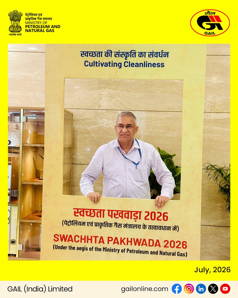 gailindia's tweet photo. Under the aegis of the Ministry of Petroleum & Natural Gas (MoP&NG), Swachhta Pakhwada 2026 is being observed from 1st to 15th July 2026 across GAIL, reaffirming the organisation’s commitment to cleanliness, sustainability, and responsible citizenship.

Marking the commencement of the fortnight-long observance, the Swachhta Pledge was administered at GAIL��s Corporate Office as well as at various site offices across the country, reflecting a unified resolve to build cleaner workplaces, stronger communities, and a cleaner India.

At GAIL Corporate Office, New Delhi, the Swachhta Pledge was administered by Shri Deepak Gupta, Chairman & Managing Director, GAIL, in Hindi and by Shri Ayush Gupta, Director (Human Resources), GAIL, in English. The ceremony was held in the presence of Shri Sanjay Kumar, Director (Marketing), Shri R.K. Singhal, Director (Business Development), Shri S.K. Sinha, Director (Finance), Executive Directors, and employees, reinforcing the shared responsibility of every individual towards cleanliness and environmental stewardship.

Employees participated with great enthusiasm and subsequently signed the Swachhta Pledge Board, symbolising GAIL’s commitment to promoting cleanliness and eco-friendly practices while encouraging communities to carry forward the message of Swachh Bharat.

Let us join hands and make Swachhta Pakhwada 2026 a landmark initiative in our collective journey towards a cleaner, greener, and more sustainable India.

@HardeepSPuri 
@TheSureshGopi 
@neerajmittalias 
@PetroleumMin 
@CMD_GAIL 

#GAIL #EnergizingPossibilities #swachhatapakhwada2026 #swachhatashapath #janbhagidari