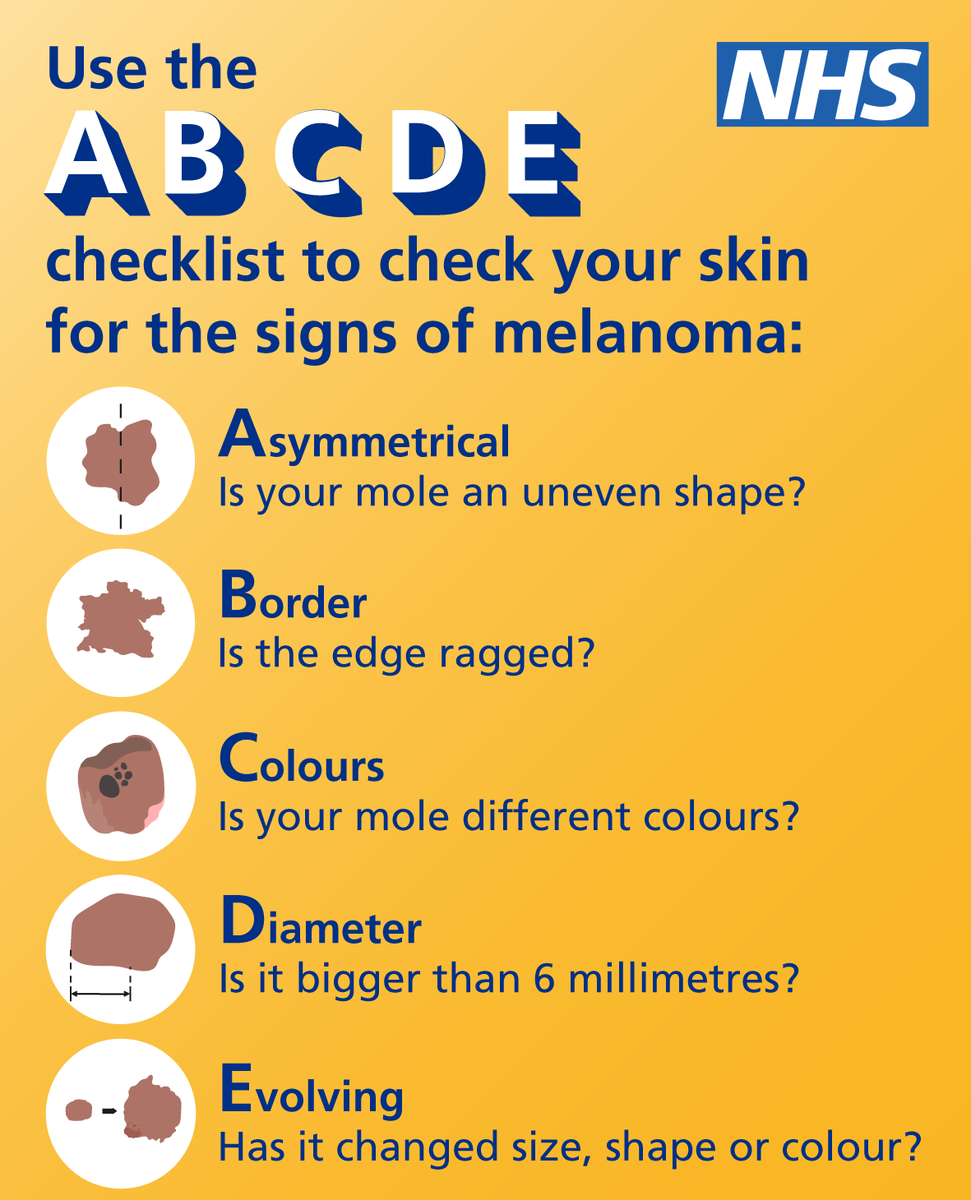 NHSuk's tweet photo. Use the ABCDE list to help check existing or new moles and spot the warning signs of skin cancer.

If you spot any changes that you think could be cancer, contact your GP.

ℹ️ https://t.co/Upibf5LcDY https://t.co/1b3AfGH0zw