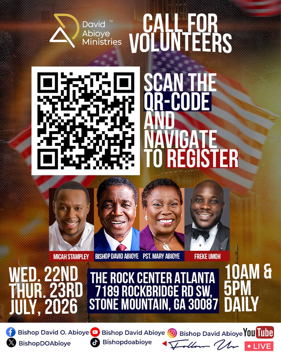 BishopDOAbioye's tweet photo. HOUR OF REVIVAL ATLANTA IS HERE AND YOU CAN ACTIVELY BE A PART OF IT!  
Revival is not only received, It is also expressed through service!  And this is your opportunity to serve in a move of God and be part of transforming lives and making eternal impact behind the scenes.  

DON’T JUST ATTEND… GET INVOVLED!  

From media to logistics, hospitality to protocol— there’s a place for you.  
Scan the QR Code & Register as a Volunteer Invite your family, friends, colleagues, and church community.  

📲 Tag someone you’re coming with 
🔁 Share and invite others 
📌 Save the date — this encounter will mark you!  

Come expectant. Leave transformed.  
#HourOfRevivalAtlanta #AtlantaRevival #DavidAbioyeMinistries #BishopDavidAbioye #Atlanta #Georgia #USA