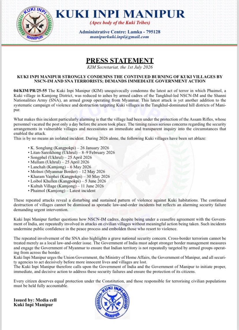 KSO_CCPur's tweet photo. Kuki Inpi Manipur (KIM) strongly condemned the heinous attack on Phaimol village, Kamjong District by Tangkhul-led NSCN-IM and Myanmar-based Shanni Nationalities Army (SNA) cadres.

The systematic campaign of violence and destruction against Kuki community must end !
@NIA_India https://t.co/8kUyrV1DFt