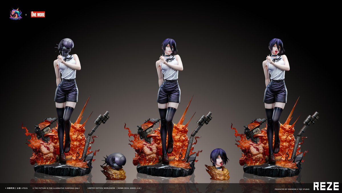 hamajippa's tweet photo. One More x YQY Studio Reze 1/6

ONE MORE联名YQY 新品炸弹女孩正式开定！
救命呀！有恶魔正追杀我！

制作信息
打样师：漆魂社
材质：进口PU、树脂、3D打印件
包装：牛皮纸箱+珍珠棉+专属彩盒
发货物流：顺丰/德邦运费到付
预计出货：2027年Q1（时间仅供参考，遇特殊延期会统一通知）
 
尺寸规格
低配：高16cm×宽6cm×深7cm
高配：高30cm×宽19cm×深17cm
*最终尺寸以大货实物为准
 
定价&限量体数
 
低配版本（配置如图）
定金398｜全款898
限量128体，售罄截止
 
高配版本（配置如图，地台多处带灯）
定金698｜全款1598
限量88体，售罄截止

❤️（低配运费包邮，高配正常到付）
 
大货优化升级内容
 
1. 微调蕾塞整体身材比例，新增颈部爆炸小特效件，唇色减弱
2. 缩小电次头部比例，补上电次胸口拉环
3. 蕾塞眼睛优化：样品为手绘眼，大货会用水贴，继续调整瞳孔细节与配色
4. 微调地台灯光明暗亮度，提升灯光效果
 
温馨须知
 
本品纯手工上色，每款涂装存在细微色差，完美主义、重度强迫症玩家谨慎下单！

完整配置细节查看配图