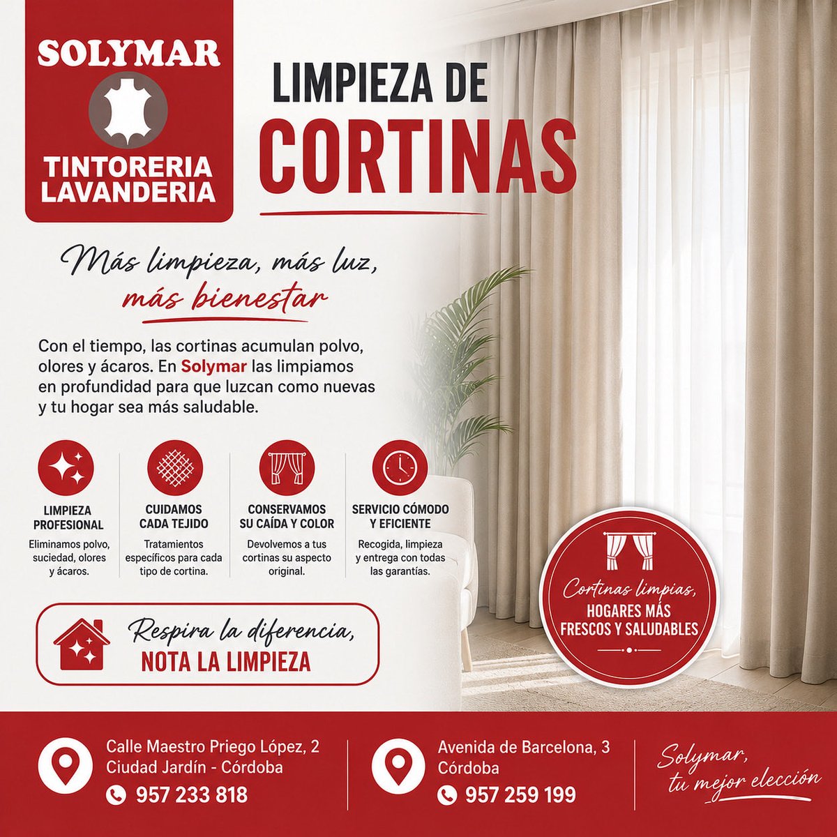 tinto_solymar's tweet photo. 🏡✨ Dale un aire nuevo a tu hogar.

En Tintorería Solymar limpiamos tus cortinas eliminando polvo, ácaros y malos olores, respetando siempre sus tejidos y colores.

📍 C/ Maestro Priego López, 2 · ☎️ 957 233 818
📍 Avda. de Barcelona, 3 · ☎️ 957 259 199

#TintoreríaSolymar https://t.co/navflfjpLA