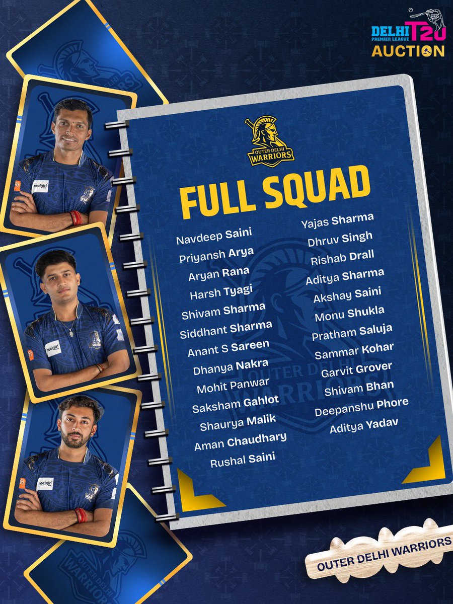 DelhiPLT20's tweet photo. The pieces are in place ๐งฉ
The Warriors are ready to charge! โ๏ธ
#delhipremierleague #dpl #outerdelhiwarriors #dplauction #cricket https://t.co/VWjGbe77C6