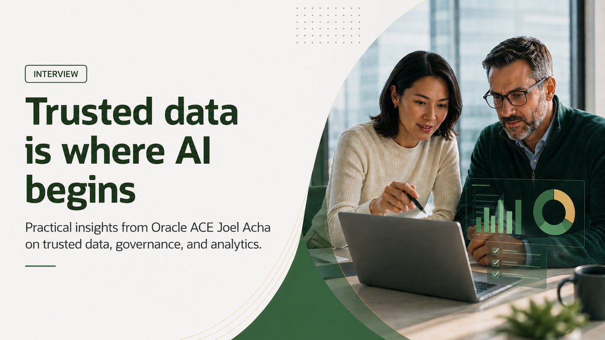 OracleAnalytics's tweet photo. AI is only as strong as the data behind it.

Oracle ACE Joel Acha shares practical insights on modern data platforms, governance, data quality, and what it takes to support the next wave of analytics and agentic AI.

Read the interview: https://t.co/SGrUgqyMzc

#OracleAnalytics #DataGovernance #AI