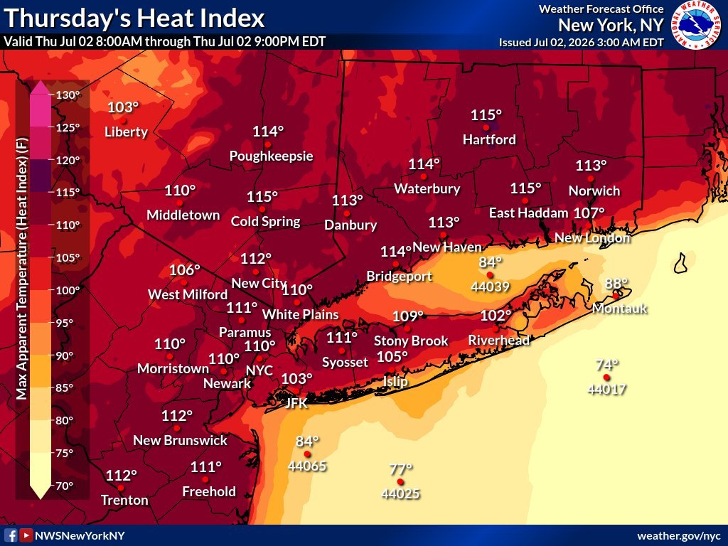 volcaholic1's tweet photo. Heat index (what it feels like) up to 46.1°C (115°F) in New York, NY today. 

Looking forward to watching the power grid survive on thoughts, prayers, and millions of AC units running at once.

But I'm sure it's fine. The solution to extreme climate collapse is just "buying AC." Right?