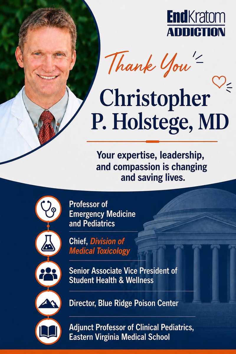 EndKratomVA's tweet photo. Thank you, Dr. Christopher P. Holstege, for helping bring medical expertise to the national kratom conversation.

His work in toxicology and poison center leadership is helping inform lawmakers and the public.

https://t.co/48lFMWI39q

#kratomawareness #endkratomaddiction https://t.co/eANY6PA2Kg