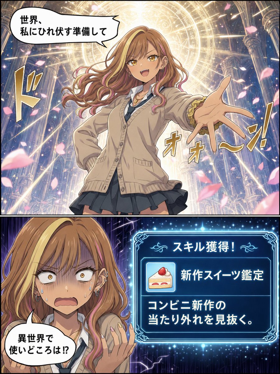 rascal8023's tweet photo. ChatGPT『異世界スキル』生成プロンプト

異世界転移した推し、
神に選ばれたのに能力が終わってた😇

参照画像を入れるだけで、
AIがそのキャラの性格・癖・本音・弱点まで読んで、

上コマ：
「世界を救いそうな神作画覚醒」

下コマ：
「本人らしすぎる残念スキル判明」

の2コマ漫画にします😊

ただのハズレスキルじゃなくて、
“そのキャラなら確かに授かりそう”なのがポイント✨️

強キャラならしょうもない生活スキル。
クールキャラなら地味に恥ずかしい能力。
可愛いキャラなら無自覚に周囲を狂わせる能力。
動物やマスコットでもたぶん事故る。

作例みたいに、
1コマ目は本気でかっこよく、
2コマ目で全部台無しにするやつです😆

保存して、あとで推し・うちの子で試してみてください☺️

生成できたら引用orリプで
「授かったスキル名」見せてほしいです🥺

【👇プロンプト】
---
■ここだけ入力
キャラ名：キャラクター名 
比率：3:4 
スタイル：ギャグ・コミカル 
画像内文字：日本語

《汎用・深層分析》《設定シート生成》の上で、このキャラの2コマ（上→下）を生成。上コマ：異世界転移し、光の中で「チートスキルを授かる」期待の神々しい構図（覇権漫画の神作画調）。下コマ：授かったスキルの説明（架空のゲームUI風ウィンドウ）が想定外に残念/しょうもなく、本人が真顔/絶望。どんな残念スキルかは分析（生態/中心の矛盾/癖）から、本人らしさを反映。UI文字くっきり。落差で笑わせる。セリフ各30字以内。
《テンプレ二層》《息遣い・生命感》《一発の強さ》《覇権漫画クオリティ・フルカラー》別人化禁止。avoid: garbled text, broken kanji, low-res, jpeg artifacts, distorted face, off-model, character drift。《可変》キャラ名/3:4。