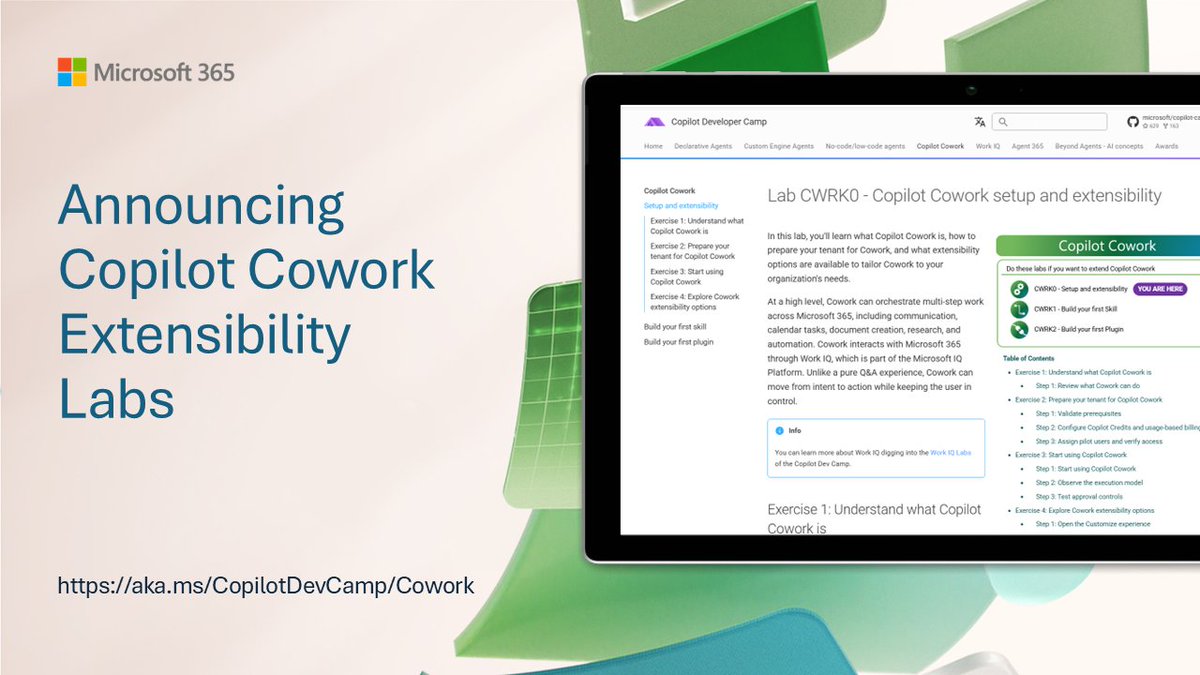 Microsoft365Dev's tweet photo. π New pro-code labs for #CopilotCowork are here!
Learn how to extend Copilot Cowork by developing custom skills and plugins with guided, hands-on labs.
Start building today π
π https://t.co/AUJJ0Kgpp2
#Microsoft365Dev #CopilotDevCamp #Cowork #Developers https://t.co/eptoozcINb