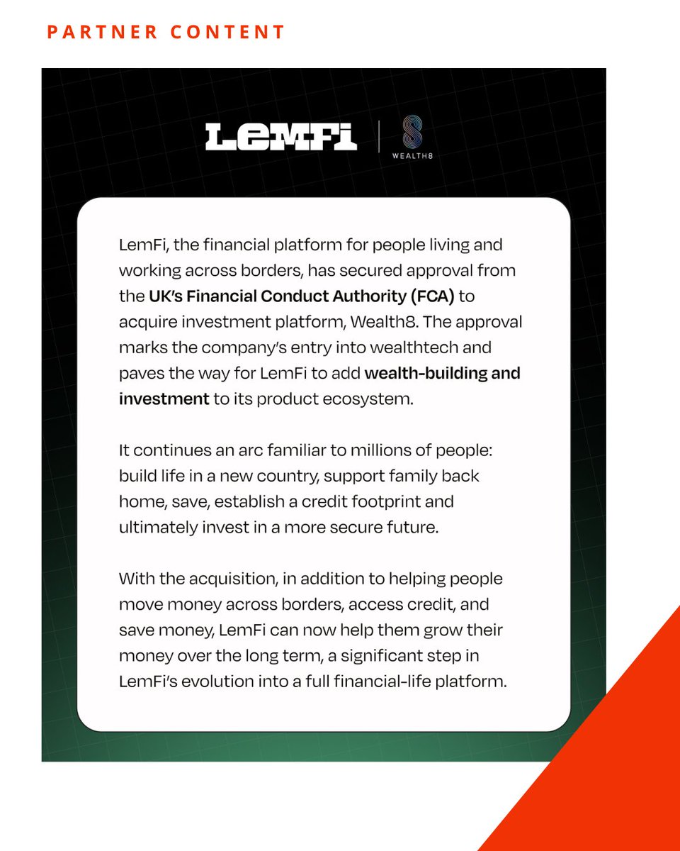 TechCabal's tweet photo. PARTNER: LemFi (@uselemfi) has acquired Wealth8, an investment platform.

With approval from the UK’s Financial Conduct Authority (FCA). LemFi can now add wealth-building and investment to its product ecosystem. This will help customers grow, build long-term wealth and continue LemFi’s evolution into a full financial-life platform.

Read more here: https://t.co/0fjQuEpfI2