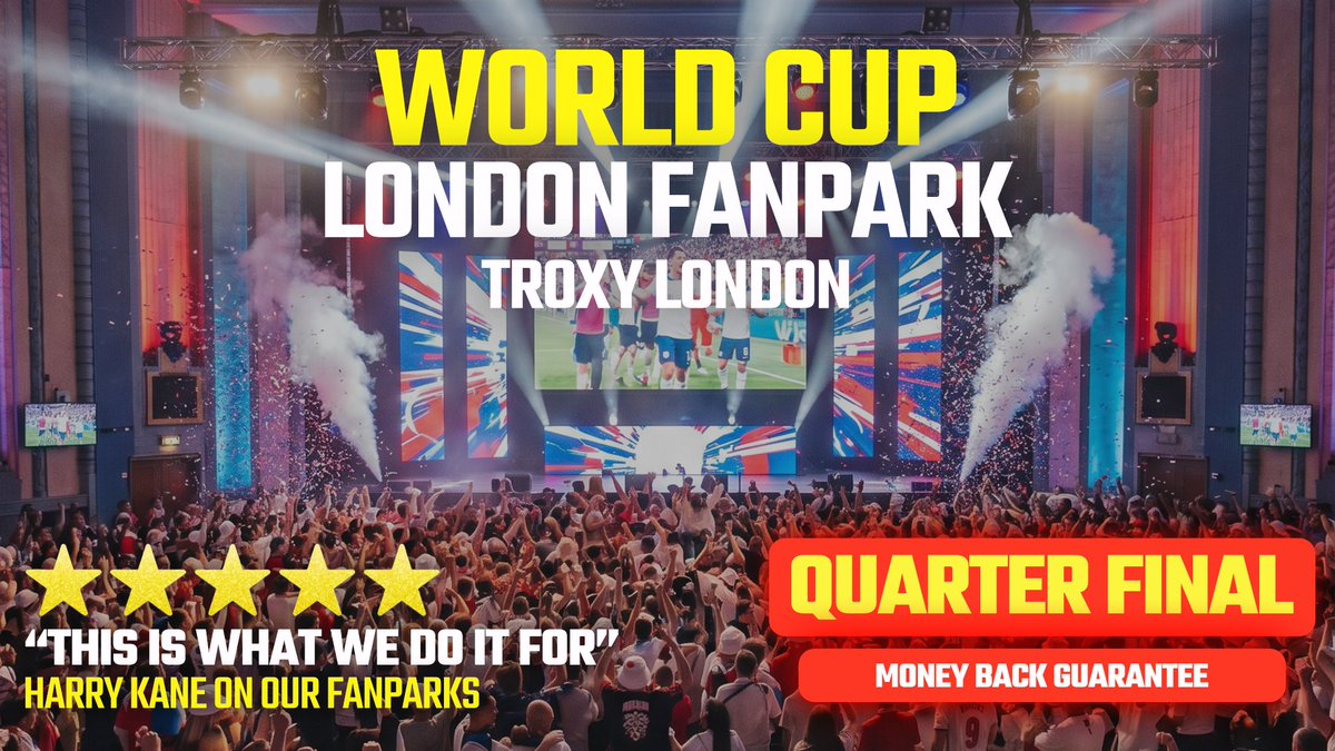 TicketmasterUK's tweet photo. Get ready for the Quarter Finals! One win from the semis, one step closer to bringing it home 🏴󠁧󠁢󠁥󠁮󠁧󠁿

With DJs blasting iconic England anthems, the show starts long before kick-off. Expect the biggest atmosphere of the tournament so far at London's Troxy ⚽

And the risk is on us, not you - if England don’t make it through to the QF, you’ll get your money back. No excuses, no small print. Book with total confidence.

🎟️ Tickets on sale now >>https://t.co/eluDYZdqac