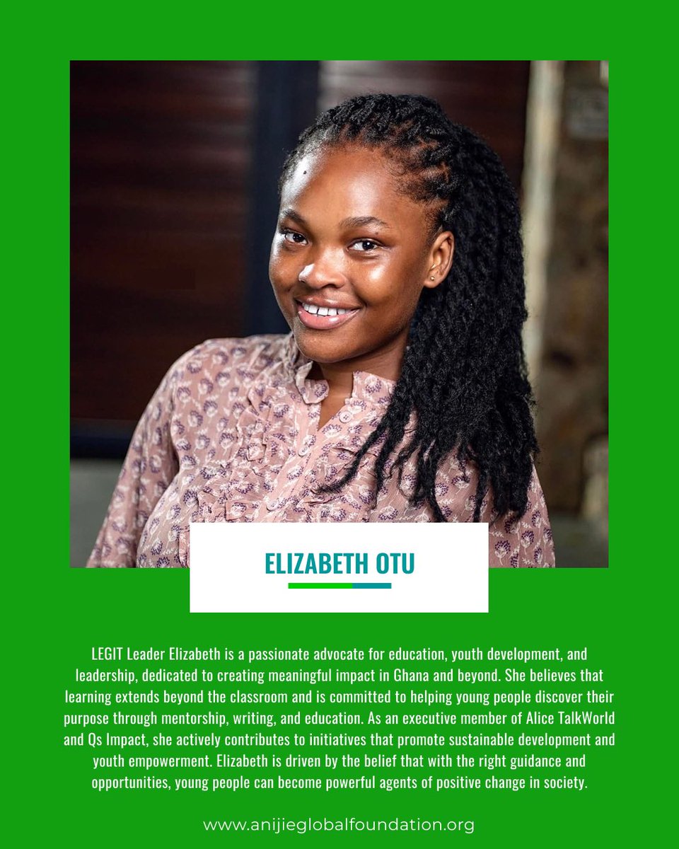 AnijieGlobal's tweet photo. ๐ Elizabeth Otu
Youth development advocate. Mentor. Writer. Executive member of Alice TalkWorld and Qs Impact.
Elizabeth believes young people with the right guidance can become powerful agents of positive change.
#LEGITBlueprint #LEGITLeader #AnijieGlobalFoundation https://t.co/yXn0rnMWFX