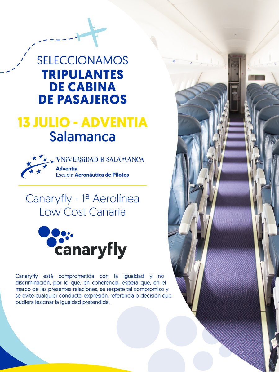 Canaryfly_'s tweet photo. ✈️ ¿Quieres despegar con Canaryfly?

Buscamos talento aeronáutico:

📍13 JUL | TCP en Adventia Salamanca
📍14 JUL | Pilotos en Adventia Salamanca
📍15 JUL | Pilotos en FlySchool Madrid
Desliza y apunta tu fecha. 💙💛

#Canaryfly #PagaMenosVuelaMás #CadaViajeATuManera https://t.co/LAnrvfHfEQ