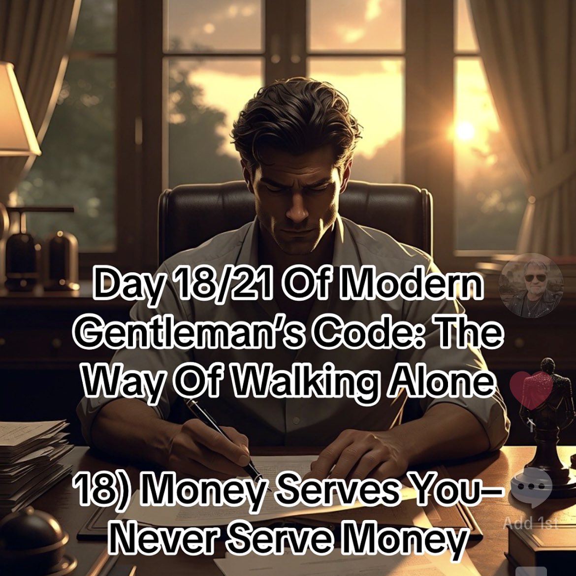 Supernaut99's tweet photo. Day 18/21 Of Modern Gentleman’s Code: The Way Of Walking Alone
18) Money Serves You– Never Serve Money
#InnerStrength #ModernGentlemansCode #TheWayOfWalkingAlone #HonorAndCourage #MasculineGrit https://t.co/Emwx8XaKVk