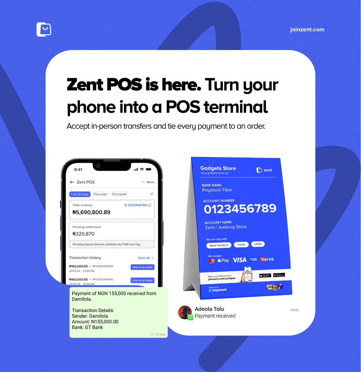 myzentapp's tweet photo. Your business deserves its own account number. 💙

Introducing ZENT POS🚀 With Zent POS, customers can pay directly into your dedicated business account and you’ll receive instant payment notifications. 

Ready to simplify how you receive payments? Apply for Zent POS today. https://t.co/XzV0sODKZX