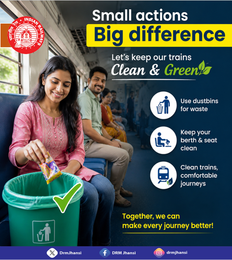 DrmJhansi's tweet photo. 🚆 स्वच्छ रेल, सुखद सफर!
आपकी एक छोटी आदत लाखों यात्रियों के सफर को बेहतर बना सकती है। कचरा हमेशा डस्टबिन में ही डालें। ♻️

#IndianRailways #SwachhRail #CleanTrain #ResponsiblePassenger https://t.co/kBVVdzzd6C
