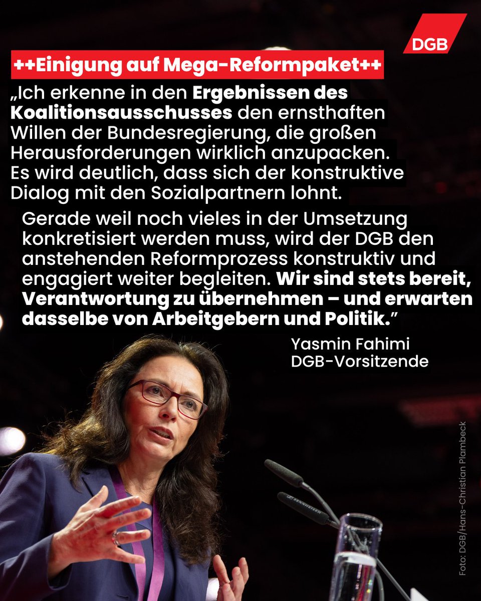 dgb_news's tweet photo. "Viele der Ergebnisse des gestrigen Koalitionsausschusses sind richtige Signale für Beschäftigung, Wachstum und Entlastung", kommentiert unsere Vorsitzende.

➡️Was gut ist – und wo es noch hakt: https://t.co/YlYkc9s0BX https://t.co/rQWjxE1oFh