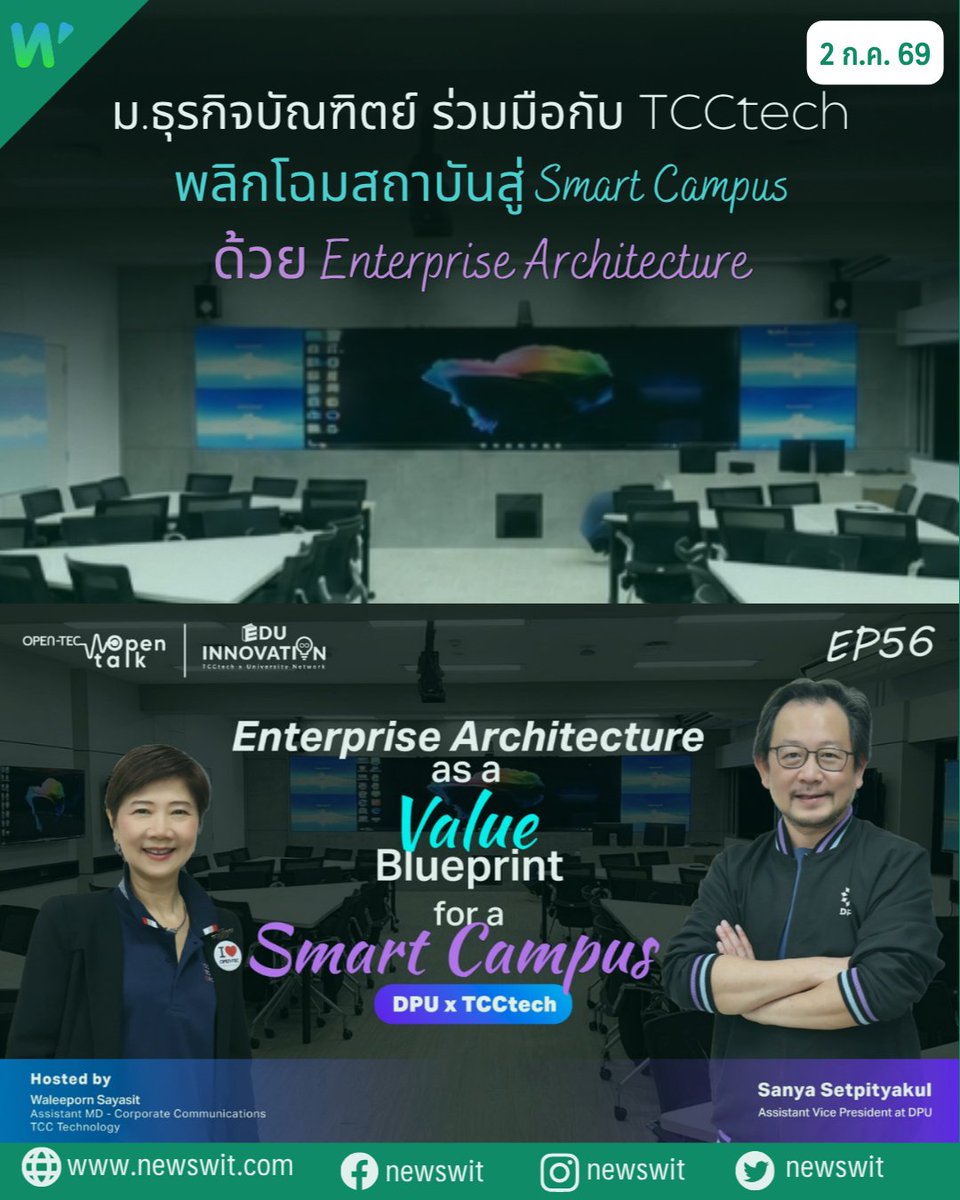 newswit5's tweet photo. 🌐 DPU ร่วมกับ TCCtech ใช้สถาปัตยกรรมองค์กร (EA) ขับเคลื่อน Smart Campus ผสานนวัตกรรม AI Hub และ Digital Avatar มุ่งสร้างสถาบันการศึกษาแห่งอนาคต ผ่านหลัก 3Es (Empathize, Experience, Envision)
🔍 https://t.co/ydXSB1zjhh
#newswit #DPU #TCCtech #SmartCampus https://t.co/ieZD0DrILI