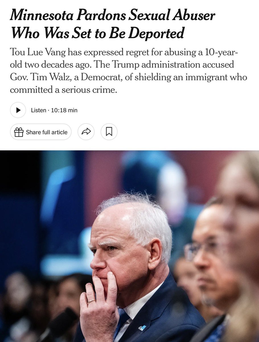 CreasonJana's tweet photo. .@Tim_Walz just pardoned an illegal child sex abuser who was set to be deported per The New York Times.

In my opinion … @GovTimWalz pardon him BECAUSE he himself is an alleged child predator, so he has a form of suicidal empathy for other child pedo predators. 

Additionally … Tim Walz is pardoned this illegal child predator because:

  1) he hates America, 
  2) doesn’t care for our children, 
  3) doesn’t care for the safety of Americans,
  4) he is for sale to the highest bidder,
  5) doesn’t believe in the Rule of Law.

Now … the only people who will ever vote for him will be the Socialists and Communists under @TheDemocrats @DNC’s ‘Big Tent’!