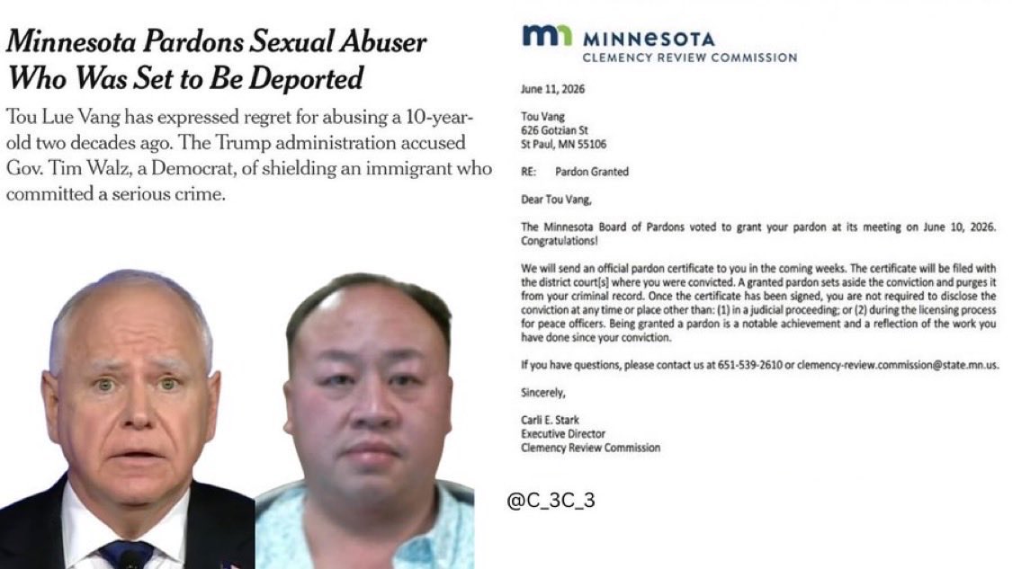 CreasonJana's tweet photo. .@Tim_Walz just pardoned an illegal child sex abuser who was set to be deported per The New York Times.

In my opinion … @GovTimWalz pardon him BECAUSE he himself is an alleged child predator, so he has a form of suicidal empathy for other child pedo predators. 

Additionally … Tim Walz is pardoned this illegal child predator because:

  1) he hates America, 
  2) doesn’t care for our children, 
  3) doesn’t care for the safety of Americans,
  4) he is for sale to the highest bidder,
  5) doesn’t believe in the Rule of Law.

Now … the only people who will ever vote for him will be the Socialists and Communists under @TheDemocrats @DNC’s ‘Big Tent’!