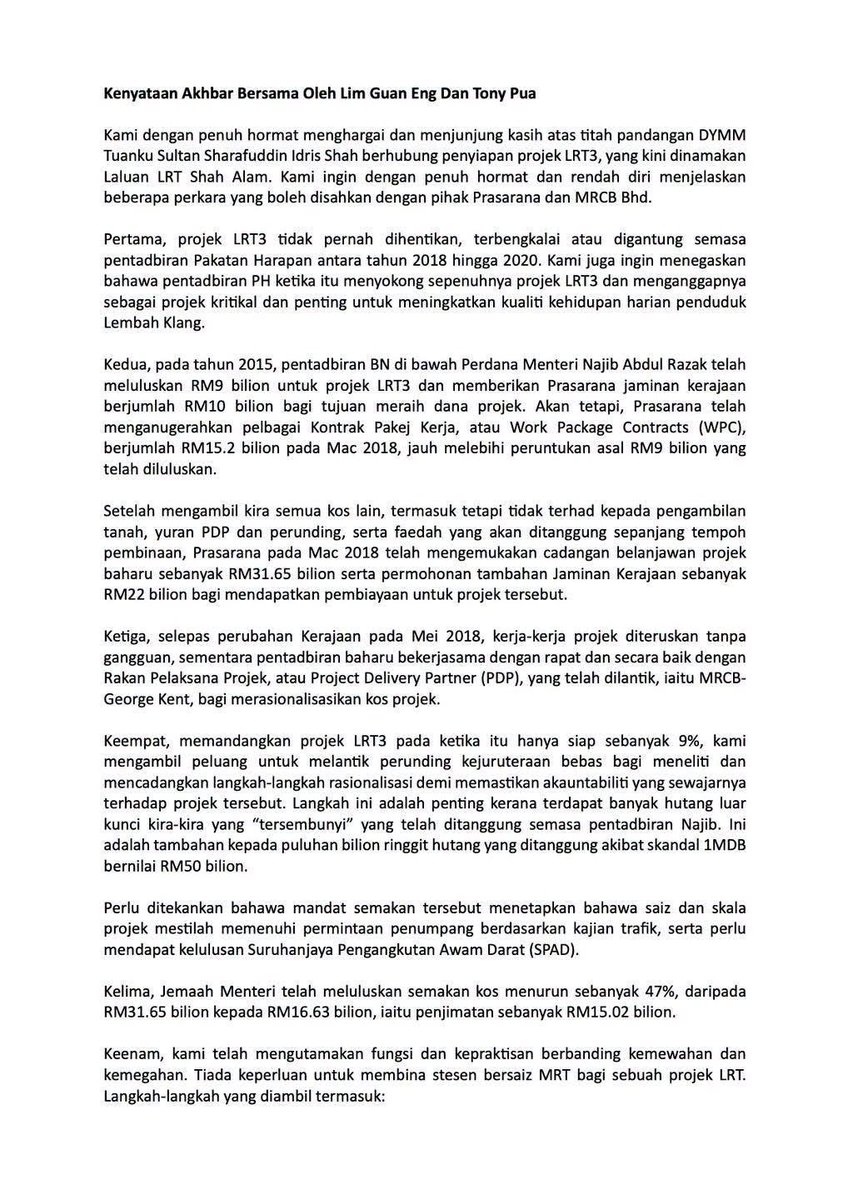 guanenglim's tweet photo. Kenyataan Media Bersama Mengenai LRT3 Oleh Lim Guan Eng dan Tony Pua.

(Malay + English) https://t.co/IXhIsD4Pni