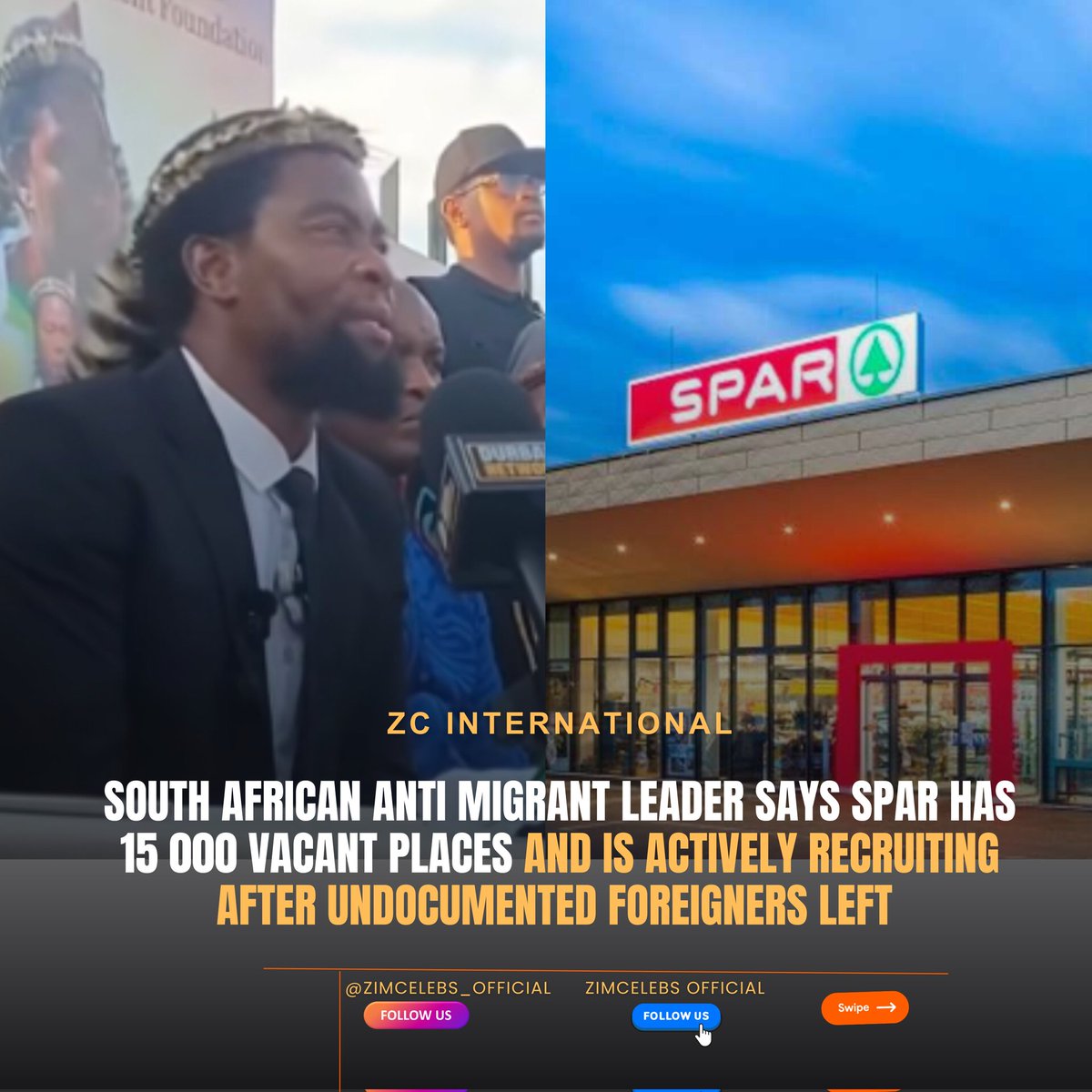 zimcelebs1's tweet photo. South African Anti migrant leader says Spar has 15 000 vacant places and is actively recruiting after undocumented foreigners left https://t.co/NPQdDtU5EY
