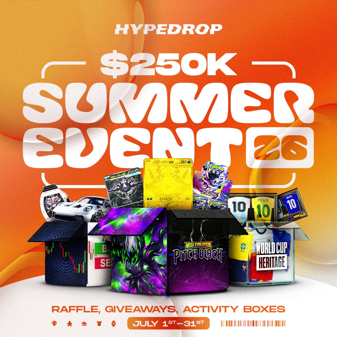 HypeDrop's tweet photo. Sunny with a chance of winning your share of $250,000 with our Summer Event! ☀️

We’ve loaded it up with:
- $150,000 in Daily, Weekly, and Monthly Raffles 🍀
- $100,000 Monthly Race 🏁
- Free activity boxes 🎁
- Discord Giveaways and much more

What are you waiting for? https://t.co/bkuudkVoGZ