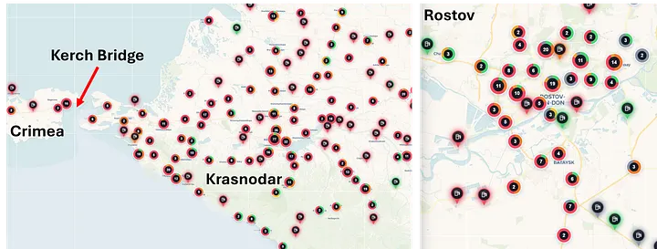 francescoproia's tweet photo. Ragazzi vi svelo il mio nuovo passatempo preferito: se andate sul sito "https://t.co/cFfmUDvsMS" potete seguire in tempo reale la crisi petrolifera russa.

Mosca è quasi interamente rossa, così come gran parte della regione di Krasnodar, nel sud, da dove la Russia esportava abitualmente tutta la sua benzina.

In Crimea sembra esserci ancora qualche goccia di benzina: nelle ultime sei ore, due distributori in città hanno segnalato la disponibilità di benzina a 92 e 95 ottani. Anche alcuni distributori più remoti hanno ancora un po' di carburante.

A est della Crimea e a Rostov, che è il punto di partenza per gran parte della logistica russa nei territori occupati, si registrano gravi carenze. Quasi tutto è segnalato in rosso. Krasnodar sembra essere la zona più colpita di tutta la Russia in questo momento.

L'ultima è una vista ravvicinata della città di Krasnodar. La mappa raggruppa le stazioni di servizio man mano che si riduce lo zoom, quindi il "51" indica 51 distributori di benzina e i colori indicano quanti di questi hanno carburante. Il numero, in questo caso, indica che un distributore ha benzina; gli altri sono completamente sprovvisti (la maggior parte) oppure presentano una "lunga coda" in arancione.
