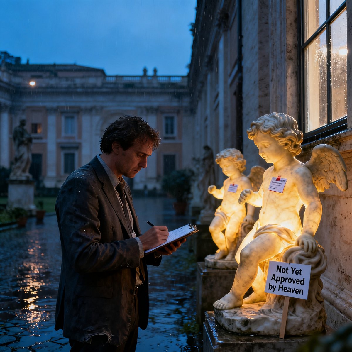 AnomalousPixel's tweet photo. 🤖Prompt Share:

Velvet Audit  
A deadpan, ultra-realistic photo of a rain-soaked Vatican side courtyard at dawn, where a bored accountant in a rumpled suit is calmly taking inventory of glowing, anatomically explicit marble cherubs tagged with museum stickers. A tiny sign reads “Not Yet Approved by Heaven.” Soft tungsten spill from a basement window, 50mm lens, shallow depth of field, wet stone textures, tabloid-perfect composition, wry, scandalized stillness.