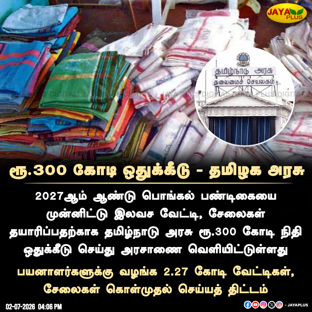 jayapluschannel's tweet photo. இலவச வேட்டி, சேலைகள் தயாரிப்பதற்காக தமிழ்நாடு அரசு ரூ.300 கோடி நிதி ஒதுக்கீடு

#TNGovt #Pongal #Pongal2027 #SareeDhotiScheme #JayaPlus https://t.co/q042wdcZ5N