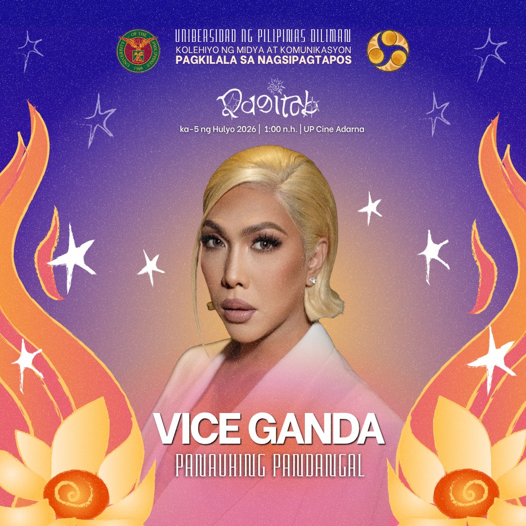 tinigngplaridel's tweet photo. UNKABOGABLE SPEAKER

LOOK: Box-office actor and comedian Jose Marie "Vice Ganda" Viceral will be the guest speaker for the 2026 UP College of Media and Communication (CMC) Recognition ceremony on July 5.

#Sablay2026 https://t.co/vLorYMzGQe
