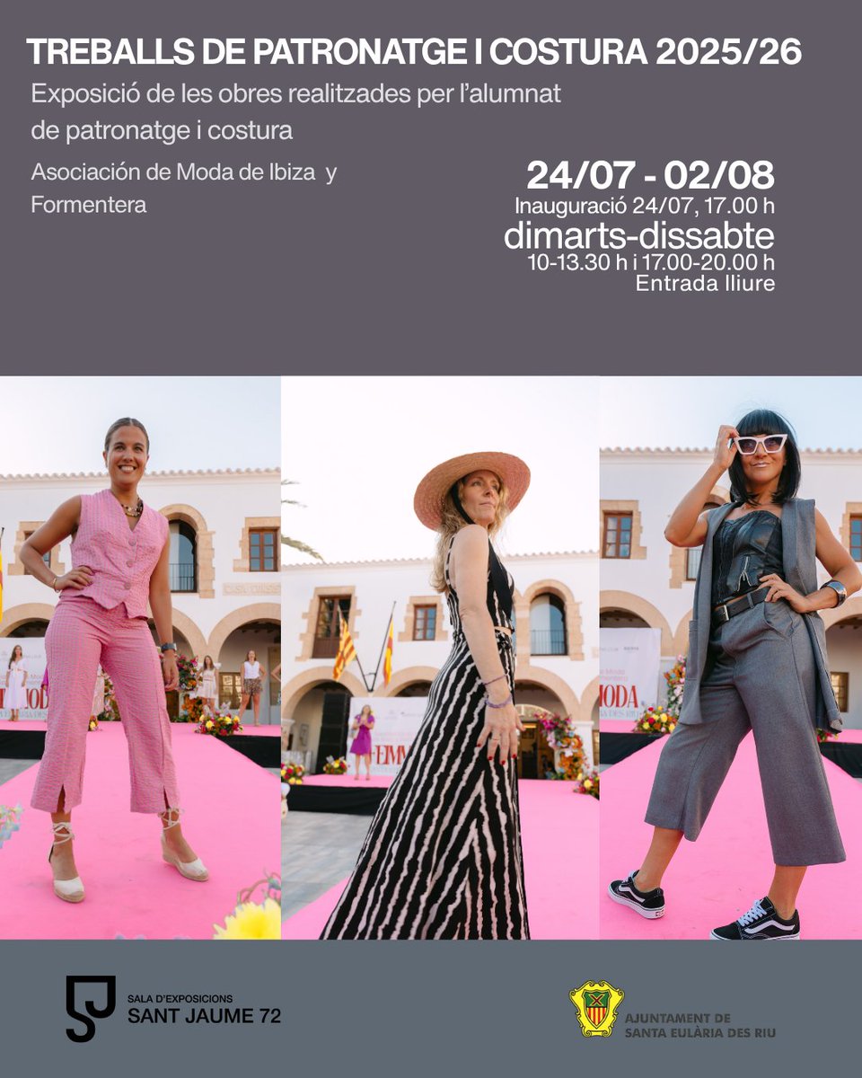 Santa_Eularia's tweet photo. 🧵 Visita les peces de l'alumnat de patronatge i costura de l'Associació de Moda d'Eivissa i Formentera

🧵Visita las prendas del alumnado de patronaje y costura de la Asociación de Moda de Ibiza y Formentera

📆 24/07-02/08
📍 Sala de Exposiciones Sant Jaume 72 https://t.co/HrPUfXhcMX