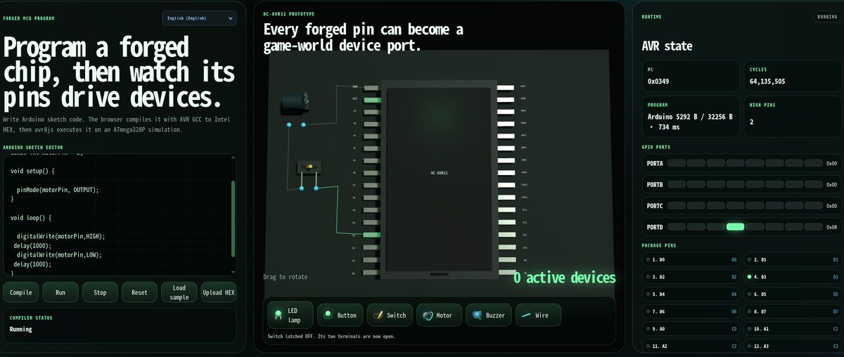 nicechunk's tweet photo. iceChunk has no pre-minted machines, no dev-issued devices, and no fixed tech tree.

We only define the primitive laws of the world.

Resources are mined from the world, smelted into materials, forged into items — and now, materials can become programmable MCU chips.

Our new forged MCU system introduces an AVR simulator and Arduino compiler directly into the game.
Players can write Arduino-style code, compile it to Intel HEX, run it on an ATmega328P simulation, and use every forged pin as a real game-world device port.

A chip is no longer just an item.
It becomes a programmable on-chain primitive.

Pins can output signals.
Signals can drive devices.
Devices can become machines.

Cars. GPS. Automatic doors. Factory lines. Logic circuits. Automated defense systems. Resource-processing machines. Entire industrial networks.

The design space is not defined by the team.
It is defined by players.

This is why Web3 matters for games: persistent state, verifiable provenance, open composability, smart-contract validated rules, and a resource economy where every object can be traced back to mined materials and elemental properties.

NiceChunk gives players a world.
The future civilization inside that world is not scripted.

You build it.
You program it.
You govern it.
You expand it.

https://t.co/LQ8rptZ6qi

#NiceChunk #Solana #Web3Gaming #FullyOnchain #AutonomousWorlds #OnchainGaming #MCU #Arduino #AVR #DePIN #VoxelGame #GameFi #OpenWorld #ComposableGaming #BlockchainGaming