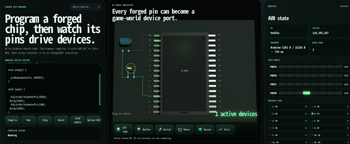 nicechunk's tweet photo. iceChunk has no pre-minted machines, no dev-issued devices, and no fixed tech tree.

We only define the primitive laws of the world.

Resources are mined from the world, smelted into materials, forged into items — and now, materials can become programmable MCU chips.

Our new forged MCU system introduces an AVR simulator and Arduino compiler directly into the game.
Players can write Arduino-style code, compile it to Intel HEX, run it on an ATmega328P simulation, and use every forged pin as a real game-world device port.

A chip is no longer just an item.
It becomes a programmable on-chain primitive.

Pins can output signals.
Signals can drive devices.
Devices can become machines.

Cars. GPS. Automatic doors. Factory lines. Logic circuits. Automated defense systems. Resource-processing machines. Entire industrial networks.

The design space is not defined by the team.
It is defined by players.

This is why Web3 matters for games: persistent state, verifiable provenance, open composability, smart-contract validated rules, and a resource economy where every object can be traced back to mined materials and elemental properties.

NiceChunk gives players a world.
The future civilization inside that world is not scripted.

You build it.
You program it.
You govern it.
You expand it.

https://t.co/LQ8rptZ6qi

#NiceChunk #Solana #Web3Gaming #FullyOnchain #AutonomousWorlds #OnchainGaming #MCU #Arduino #AVR #DePIN #VoxelGame #GameFi #OpenWorld #ComposableGaming #BlockchainGaming
