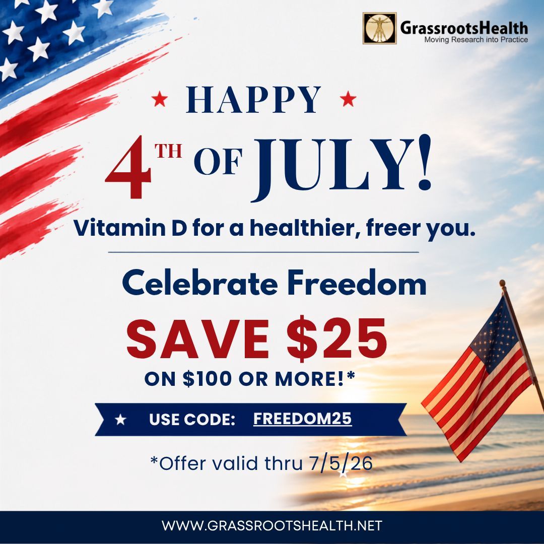 Grassroots4VitD's tweet photo. 🇺🇸 Celebrate Freedom. Celebrate Better Health. ☀️

This Independence Day, we're celebrating the freedom to make informed choices for your health.

Whether you're just beginning your vitamin D journey or have experienced its benefits for years, every step toward better health starts with knowledge, and every story has the power to inspire someone else.

💛 Has vitamin D made a difference in your life?
We're collecting stories all summer long from individuals whose health has been positively impacted by vitamin D. Your experience could encourage someone else to take the first step toward learning their own vitamin D status.

As a special 4th of July celebration, enjoy $25 OFF orders of $100 or more using code FREEDOM25. Offer valid through July 5.

✨ Learn.
✨ Test.
✨ Share your story.
✨ Help inspire a healthier future.

🔗 Shop now: https://t.co/0y3X1JGOVc 
🔗 Share your story: https://t.co/csy7Eo4rDL

#VitaminD #GrassrootsHealth #VitaminDAwareness #KnowYourLevel #HealthEducation #PreventiveHealth #WellnessJourney #HealthyLiving #ShareYourStory #FourthOfJuly #SummerWellness #HealthFreedom