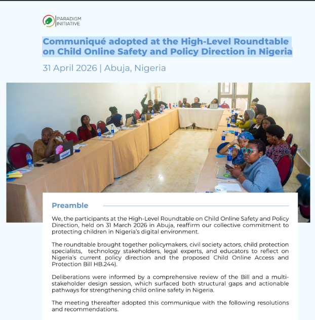 ParadigmHQ's tweet photo. Every child deserves to be safe online. 

As more Nigerian children go online to learn, play, and connect, they also face growing risks like cyberbullying, online grooming, and harmful content. This is why PIN assembled civil society, government, child protection experts, and other stakeholders to chart a better path for child online safety in Nigeria.

We believe protecting children online is not about restricting the internet, but about making the internet safer for them.

Check out the communiqué on Child Online Safety and Policy Direction in Nigeria: https://t.co/i2cRLdakKt 
#ChildOnlineSafety
#ParadigmInitiative