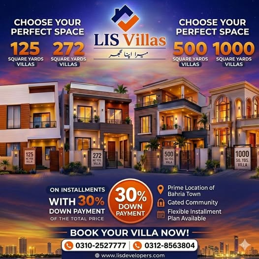 lisdevelopers's tweet photo. Find your perfect villa at LIS Villas! 🏡

125, 272, 500 &amp; 1000 Sq. Yards available in a prime gated community with 30% down payment and easy installments.

📞 +92 312 8563804
📞 +92 320 2527777
#LISVillas #BahriaTown #LuxuryLiving #DreamHome #PropertyForSale https://t.co/JBagUMmxNW