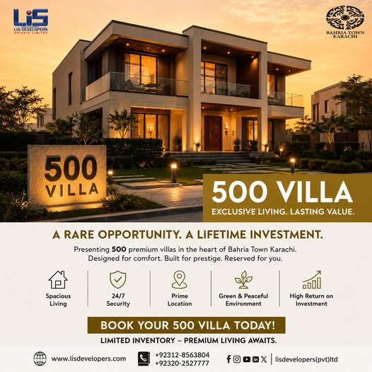 lisdevelopers's tweet photo. 500 Villas - Luxury Meets Lasting Value 🏡

Premium villas in Bahria Town Karachi with modern design, secure living, prime location, and easy installments.

📞 +92 312 8563804
📞 +92 320 2527777
🌐 https://t.co/anm7agK5fQ
#LISDevelopers #500Villa #BahriaTownKarachi #LuxuryLiving https://t.co/0nrgEbSHF8