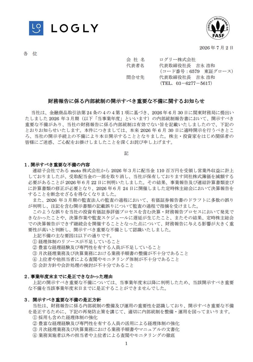 RyomaIR's tweet photo. 【IR分析】ログリーが財務報告の内部統制に開示すべき重要な不備があると発表した。見出しは定型に見える。だが中身は重い。上場会社が定時株主総会で決算報告を断念して継続会に追い込まれた。きっかけは子会社からの配当1.1億円の会計処理だった。利益に計上したが一部は利益ではなかった。

ログリー（6579）の内部統制の不備を読み解く。

①事実＝子会社の配当を利益に計上したが直す必要が出た
ログリーは7月2日、2026年3月期の内部統制が有効でないと発表した。連結子会社motoから2026年3月に配当金110百万円を受け取り営業外収益に計上していた。だが受取配当金の一部を取り消し、moto株式の簿価を減額する必要があると6月22日に判明した。決算の修正が必要になり、6月24日の定時株主総会で決算報告を断念して継続会に回した。監査の過程では有価証券報告書のドラフトにも多数の誤りが指摘された。

②事実＝要因は管理体制の不足。ただし数字は最終的に直した
会社は不備の要因を五つ挙げる。経理のリソース不足、経験と専門性を持つ人員の不足、業務手順書の整備不足、上位者による査閲の不足、会計処理の検討不足だ。一方で最終的な着地も押さえたい。修正は財務諸表と連結財務諸表に反映済みで、監査意見は無限定適正だ。さらに本来6月30日に出すべきこの開示を7月2日に遅らせた開示手続の不備も自ら認めている。

③読み筋＝適正意見と内部統制の有効性は別物だ
ここが肝だと思う。区別が三つある。ひとつ、配当を利益に計上したが一部は利益でなく投資の払い戻しだった。子会社を取り込んだ後に生じやすい会計の落とし穴だ。ふたつ、監査意見は無限定適正だが内部統制は有効でない。数字を最終的に正しくできたことと、そこに至る仕組みが働いていたことは別だ。しかも直せたのは監査の指摘があったからで、自力では見つけられなかった。みっつ、開示そのものが二日遅れた。締める力の綻びが開示の統制にまで及んでいる。

④留保＝これは粉飾でなく管理体制の未成熟だ
誤読しないように置く。これは不正や粉飾の話ではない。連結財務諸表への影響は反映済みで、監査意見も無限定適正だ。倒産や存続の懸念とも違う。要因はどれも人と手順とチェックの不足で、稼ぐ速さに管理の体制が追いつかなかった未成熟の問題だ。是正策も出ている。見るのは不備の一語でなく、稼ぐ力に締める力が追いつくか、次の決算の信頼性、そしてグロース市場での立ち位置だ。

結論：ログリーの内部統制の不備は、子会社の配当を利益に計上したが一部は投資の払い戻しだったという会計の綻びから始まった。決算報告を総会で断念し継続会に回した重い事態だ。ただし数字は直し監査意見は無限定適正で、粉飾ではない。読むのは適正意見と内部統制の有効性の違いだ。数字が正しいことと、正しくする仕組みが働くことは同じではない。

（細かいけど、無限定適正意見と内部統制の重要な不備が同居するのは珍しくない。適正意見は最終的な財務諸表が正しいという評価で、内部統制の評価はそこへ至る仕組みが働いているかの評価だ。今回は監査の指摘で最後は直せたが、自前のプロセスでは配当の処理の誤りを止められなかった。急成長や事業の転換の途上で、稼ぐ部門より管理部門の整備が遅れる小型企業に起きやすい。数字の適正性だけを見て安心すると、この差を見落とす。）

【ここからはより簡単に解説】
・何があったの？：ログリーが、財務報告の内部統制に重大な不備があったと発表。子会社motoからの配当1.1億円を利益に計上していたが、一部は利益でなく投資の払い戻しとして直す必要が判明。決算修正が必要になり、6月の定時株主総会で決算報告を断念して継続会に回した。

・内部統制の不備って？：正しい数字を作るための社内の仕組み（チェックや手順）が働いていないこと。今回は経理の人手や手順やチェックの不足が原因とされる。

・でも監査意見は？：無限定適正。つまり最終的な数字は正しいと監査法人が認めている。数字が正しいことと、それを正しくする仕組みが働くことは別で、後者に問題があった。

・株主が見るべきこと：(1)これは粉飾でなく管理体制の未成熟の問題 (2)配当を利益にしたが投資の払い戻しだった＝子会社を持った後の会計の落とし穴 (3)稼ぐ力に締める力が追いつくか、次の決算の信頼性。数字の適正性だけで安心しない。