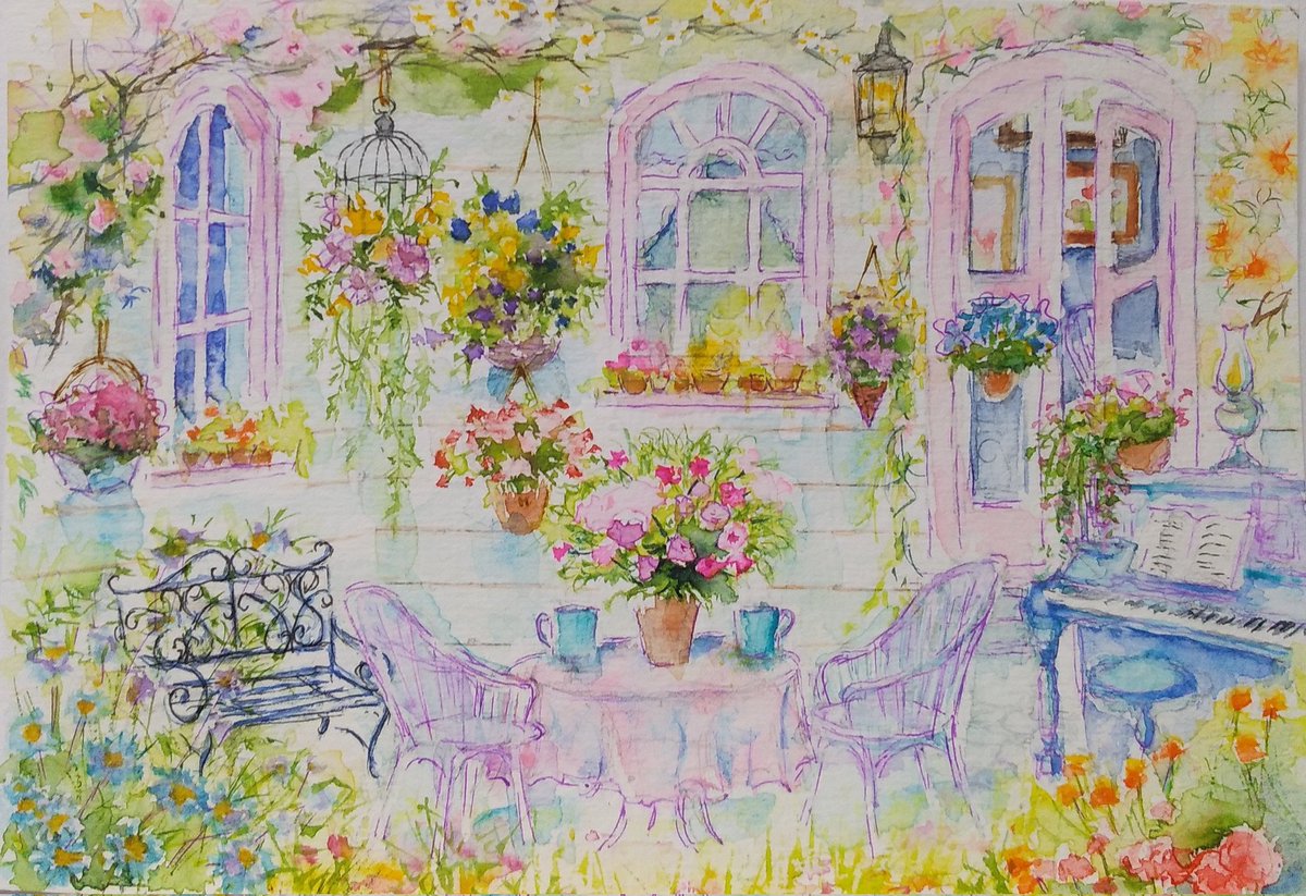 花のある庭 #水彩 #水彩画 #風景画 #watercolor