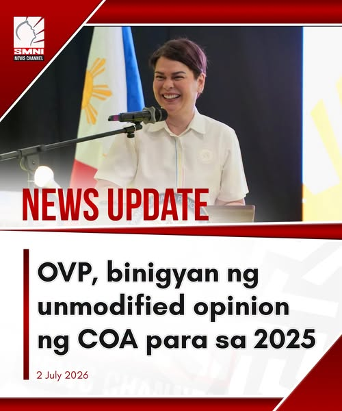 smninews's tweet photo. COA BINIGYAN NG UNMODIFIED OPINION ANG OVP

Muling nakatanggap ang Office of the Vice President (OVP) ng unmodified opinion mula sa Commission on Audit (COA) para sa Calendar Year 2025—ang ikaapat na magkakasunod na taon sa ilalim ng pamumuno ni Vice President Sara Duterte. https://t.co/BLFct8T1cc
