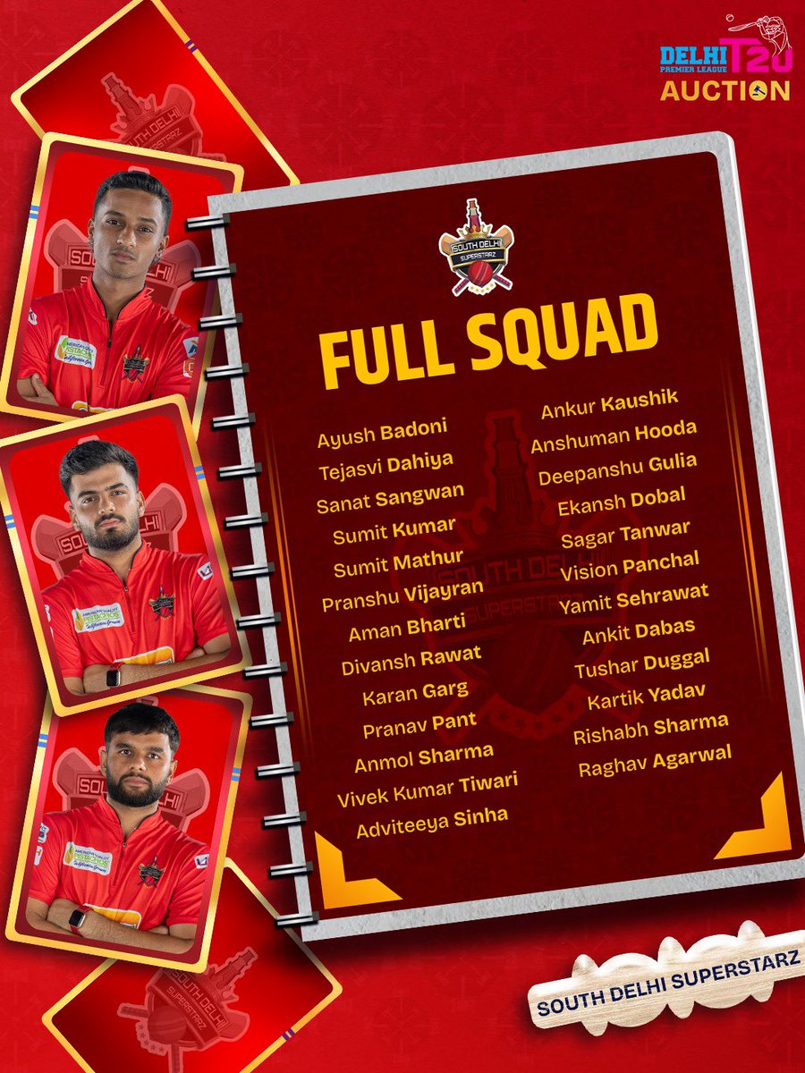 DelhiPLT20's tweet photo. The stars have aligned. โญ๐ฅ
Hereโs your South Delhi Superstarz squad for DPL T20 2026.
#delhipremierleague #dpl #outerdelhiwarriors #dplauction #cricket https://t.co/UTaL3VLWfe