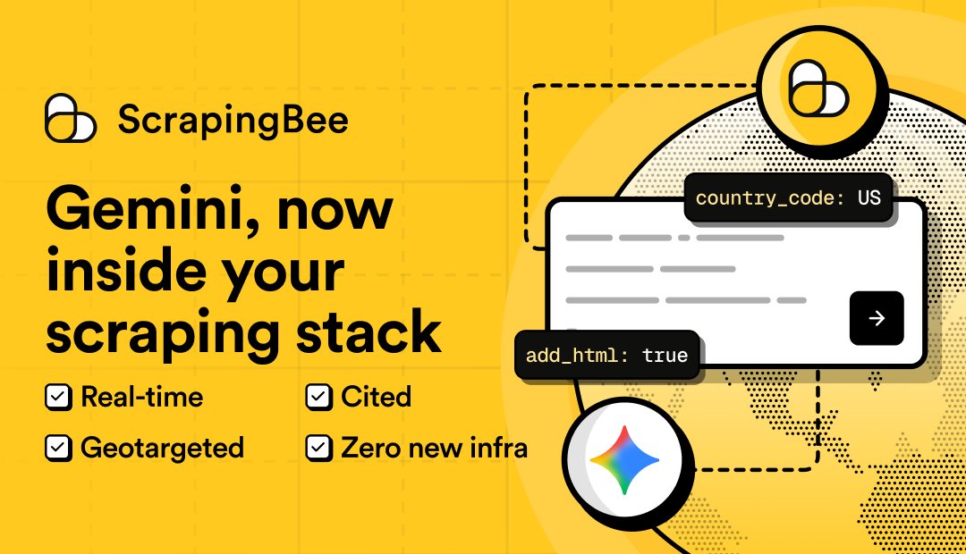 ScrapingBee's tweet photo. Your ScrapingBee account just got a direct line to Google Gemini.

You can now send a prompt to /api/v1/gemini, get back structured answers in plain text, markdown, and with citations. Same API key, same infrastructure, now connected to Gemini.

Docs: https://t.co/ox1w2ag3ae https://t.co/FrUaKFHcOU