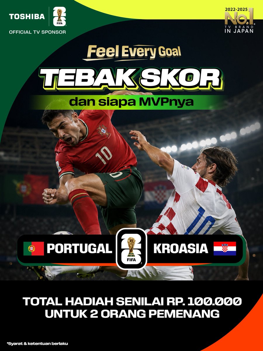 toshibatv_id's tweet photo. Giveaway Tebak Skor!

Portugal vs Kroasia

Syarat:

1. Follow 
@toshibatv_id 
 &amp; 
@Juve_info01 

2. Like postingan ini
3. Reply dengan skor tebakanmu + siapa MVP match ini. Hashtag #FeelEveryGoal 

Ditutup 1 jam sebelum kickoff. Pemenang wajib claim hadiah. https://t.co/nwmRdMfOd2